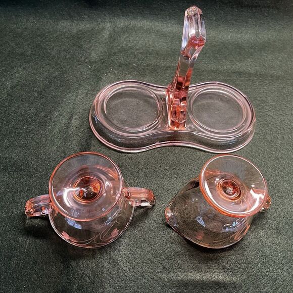 Pink Depression Glass Sugar Bowl and Creamer Set With Caddy Etched Flowers - Picture 9 of 12